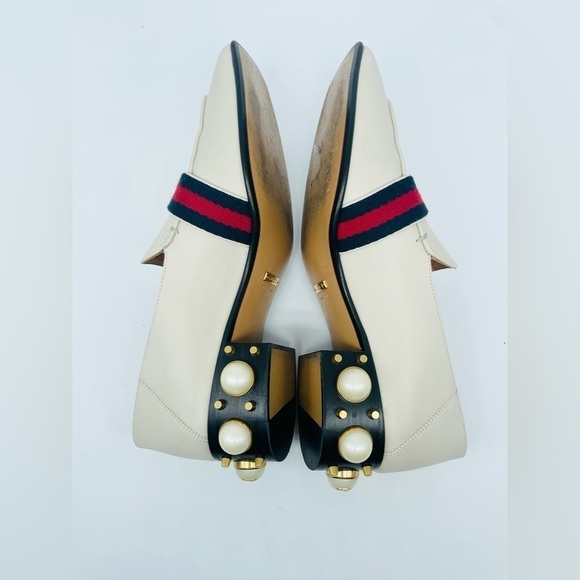 GUCCI Peyton Pearl GG Embellished Web White Cream Leather low heel loafers 37.5 - Picture 6 of 12